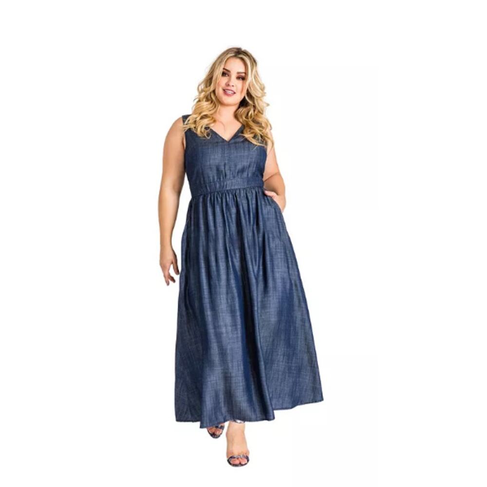 Standards & Practices Plus Size V-Neck A-Line Tencel Denim Maxi Dress Size 2X